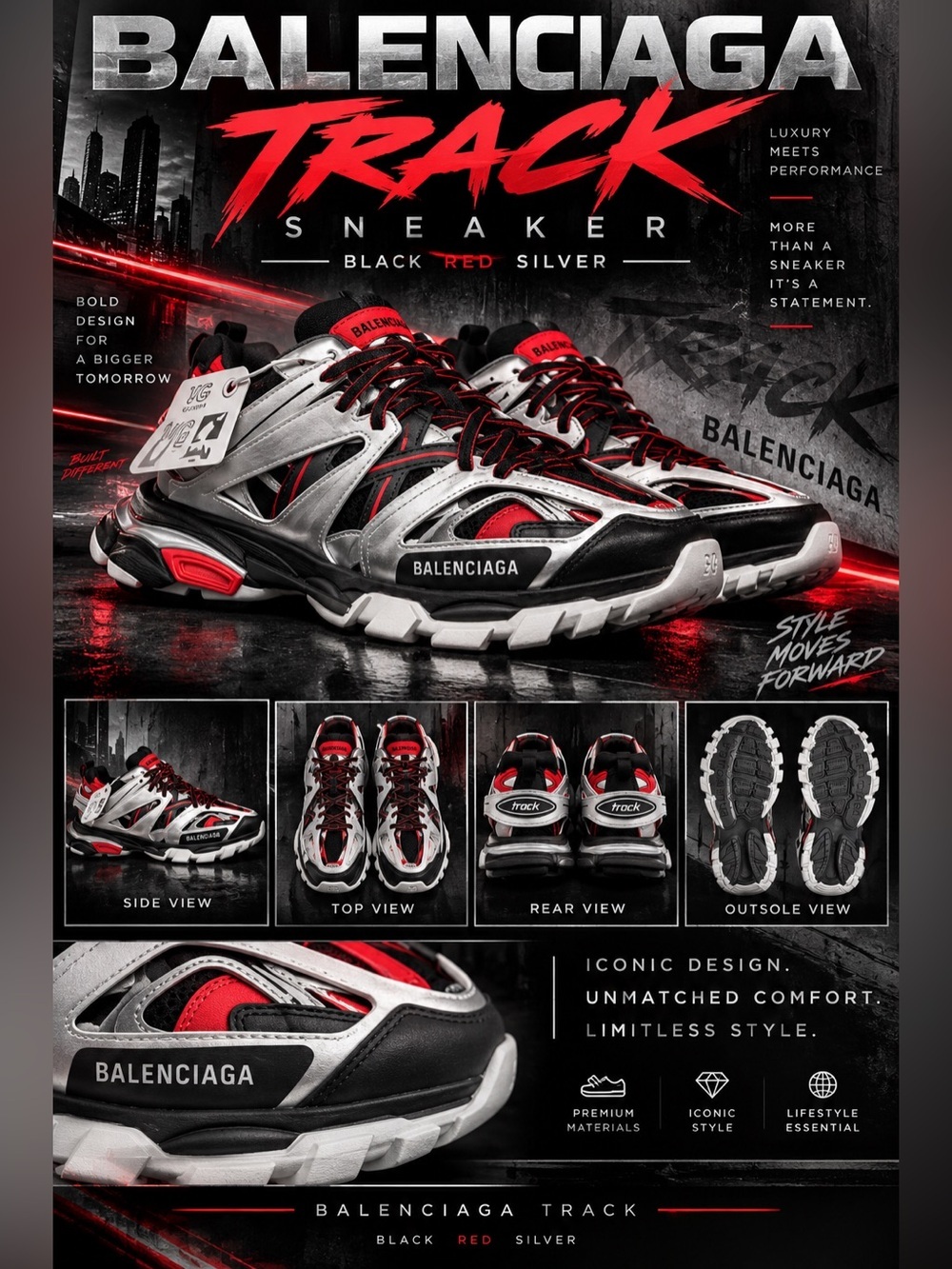 New!🔥Balenciaga Track Sneaker in a "Black Red Silver"!🔥